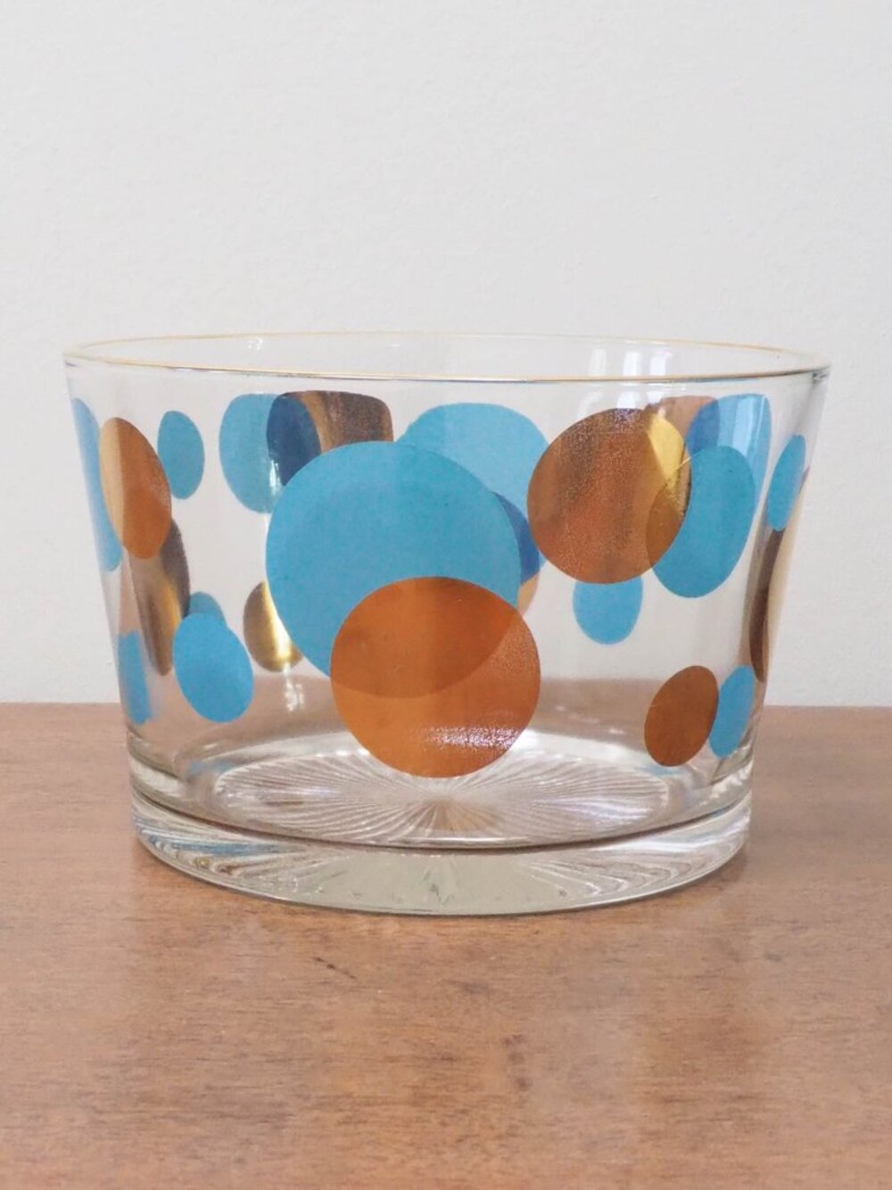 Vtg Glass Blue Gold Dot Ice Bucket - Russell Wright Eclipse Atomic Ice Bowl